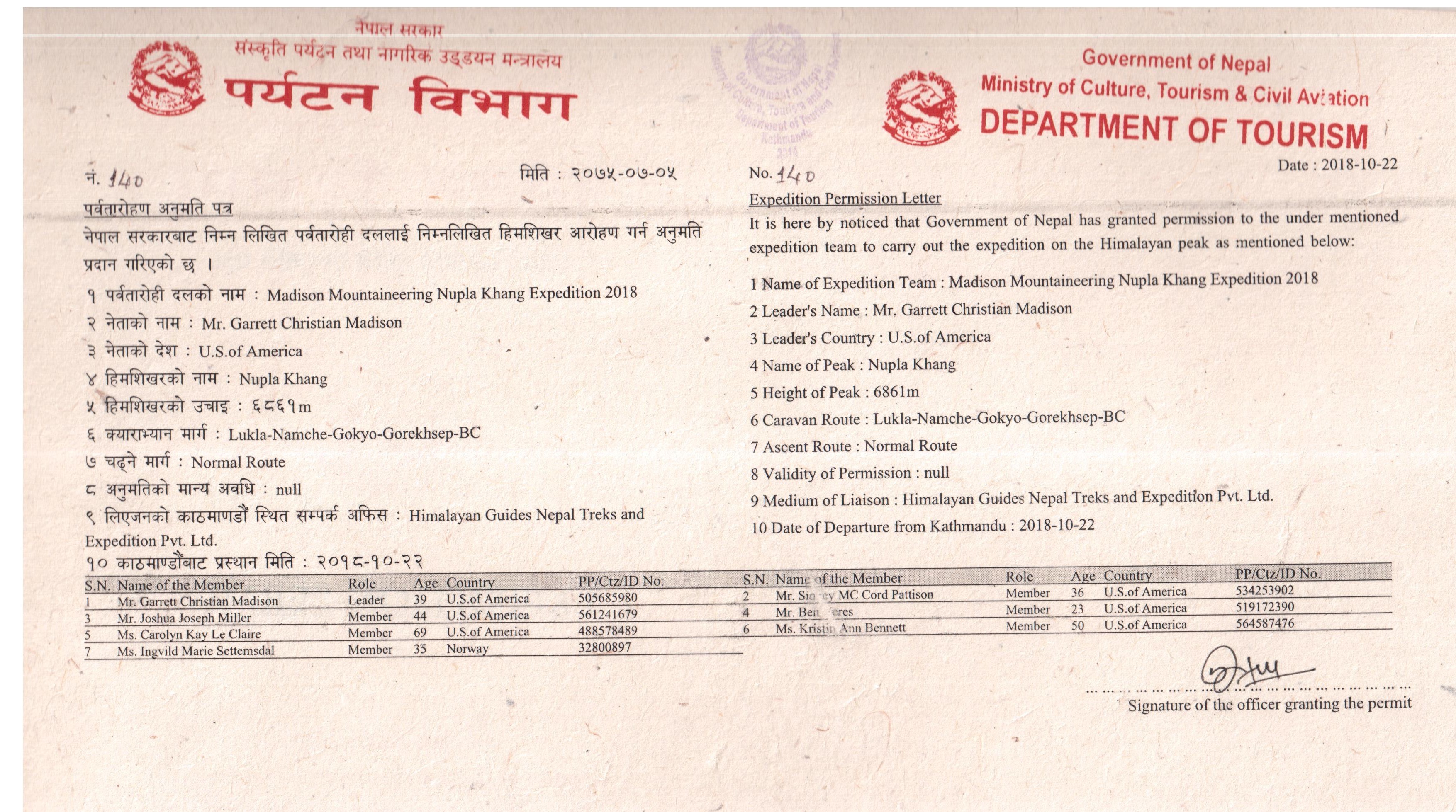 Madison Mountaineering Nupla Khang Expedition 2018